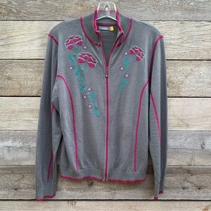 Cabelas Cardigan Sweater Womens L Merino Wool Embroidered Full Zip Long Sleeve